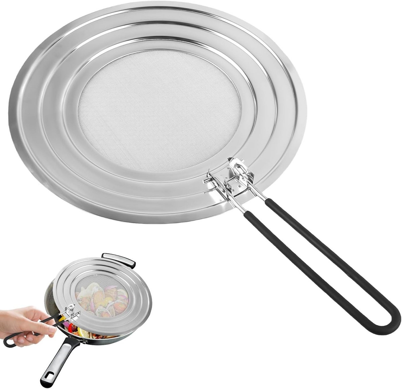 BlingBin Spritzschutzdeckel Universal Spritzschutz 3-in-1 Edelstahl für Pfannen 20/24/28 cm, (1er set, 1-tlg., 30 Zentimeter im Durchmesser), Klappbarer Edelstahlgriff für platzsparende Aufbewahrung von BlingBin