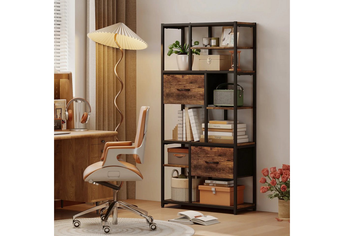 BlingBin Standregal Aufbewahrungsregal mit 2 Stoffschubladen, 9 offenen Fächern, 1er Set 1-tlg., Industriell Bücherregal Küchenregal mit Stahlrahmen für Wohnzimmer BlingBin Standregal Aufbewahrungsregal mit 2 Stoffschubladen, 9 offenen Fächern, 1er Set 1-tlg., Industriell Bücherregal Küchenregal mit Stahlrahmen für Wohnzimmer von BlingBin