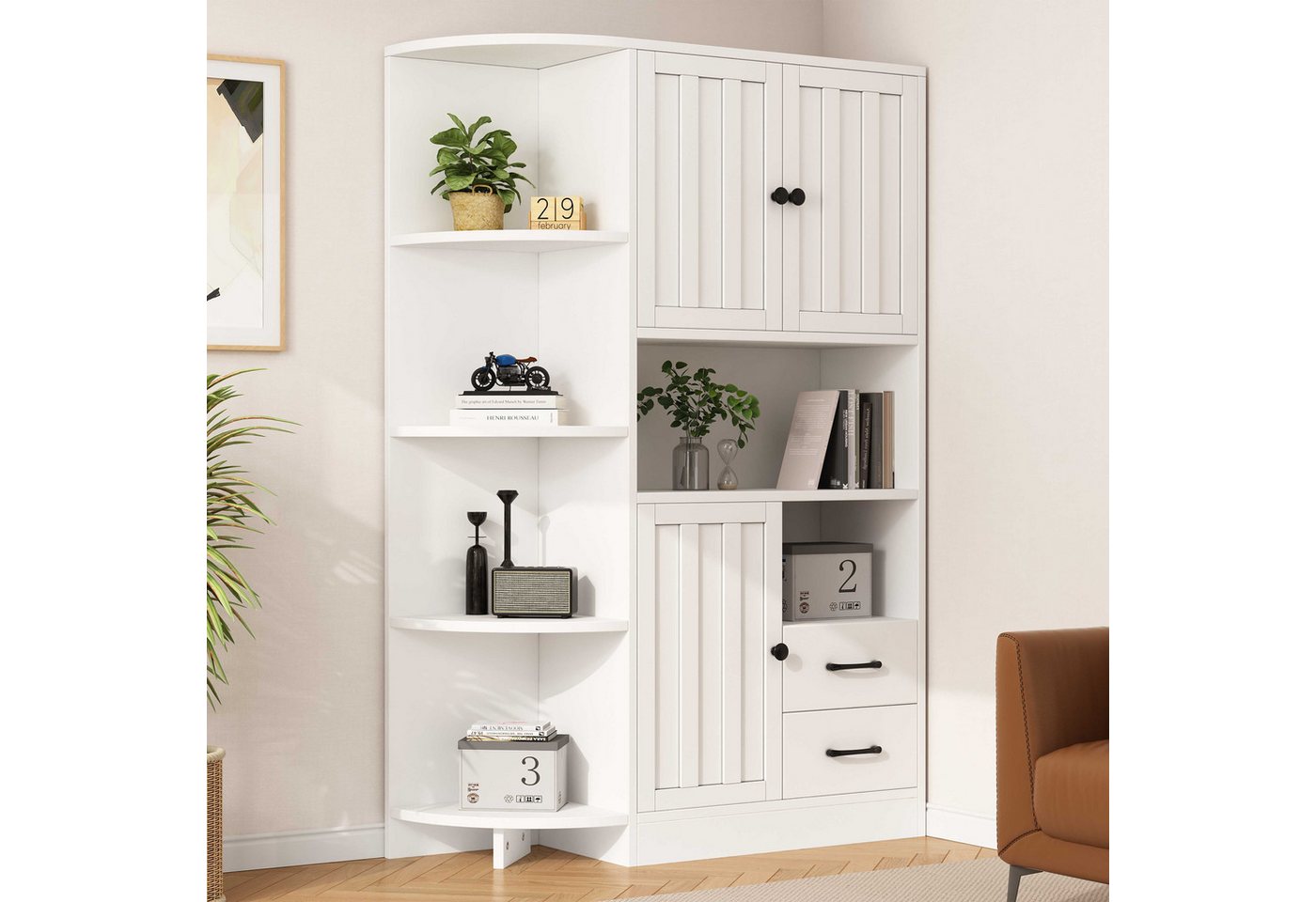 BlingBin Standvitrine Eckkleiderschrank Küchenbuffet Wohnzimmervitrine (1-St., mit 3 Schränken,2 Schubladen,14 Lagerbereichen) 104×35×155cm,Weiß von BlingBin