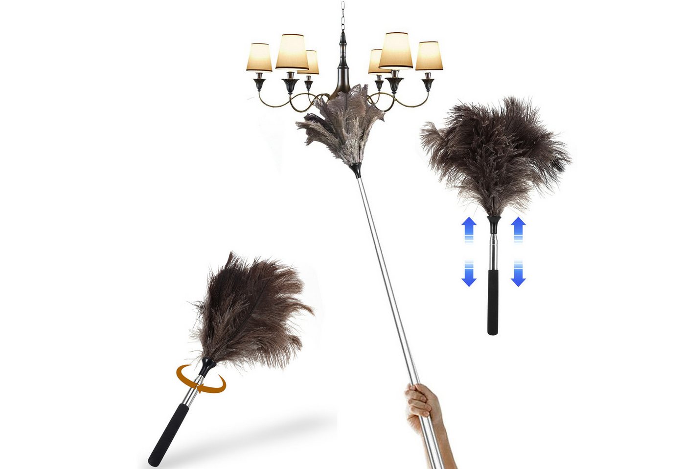 BlingBin Staubwedel Teleskop-Staubwedel, Straußenfeder-Metallgriff, 43-115 cm (1er Set, 1-St., Verstellbar von 43cm bis 115cm), Wiederverwendbarer Spinnwebenentferner für hohe Ecken von BlingBin