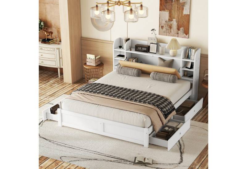 BlingBin Stauraumbett Flachbett Funktionsbett Jugendbett, mehrere Staufächer (Holzbett, 1-tlg., 180x200cm), Teilweise aufklappbares Kopfteil, vier Schubladen, weiß von BlingBin