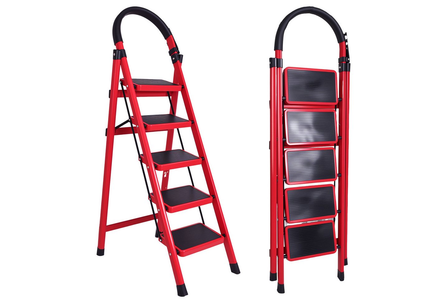 BlingBin Stehleiter 5 Stufen Trittleiter Klappleiter mit Anti-Rutsch und Breitem Pedal (Tragkraft: 100–150 kg, 1-St., Höhe zusammengeklappt: 134 cm, Höhe ausgeklappt: 124 cm), Robuste Stahlleiter mit Griff, Leichte und Tragbare Trittleiter, Rot von BlingBin