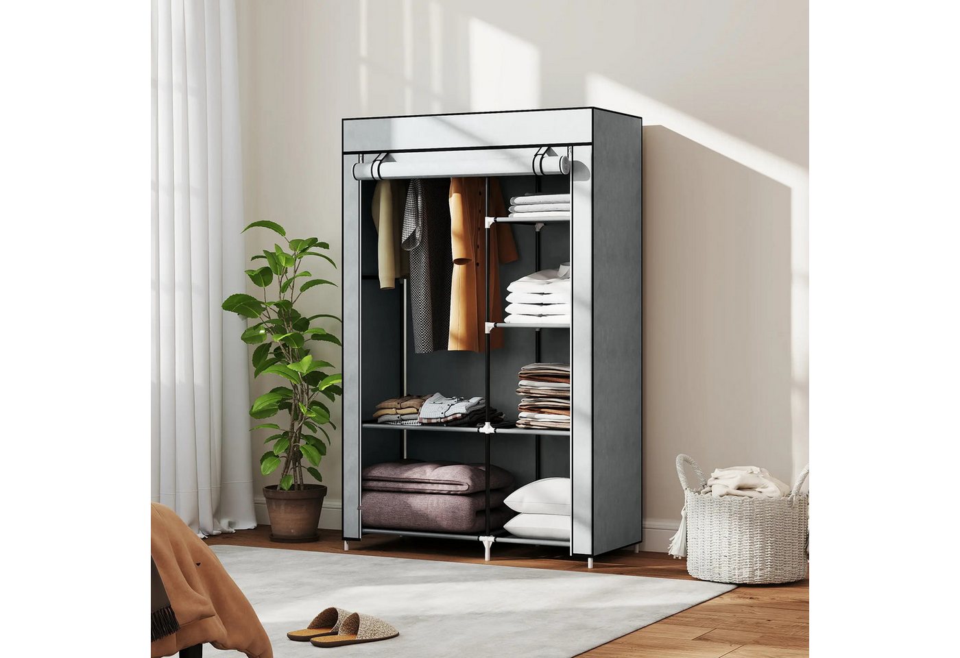 BlingBin Stoffschrank Kleiderschrank Garderobe Flurgarderobe (1-St., Schrank aus Stoff,mit 6 Regale,1 Kleiderstange) Aufbewahrungslösung,103cmx43cmx162,5cm,Grau von BlingBin