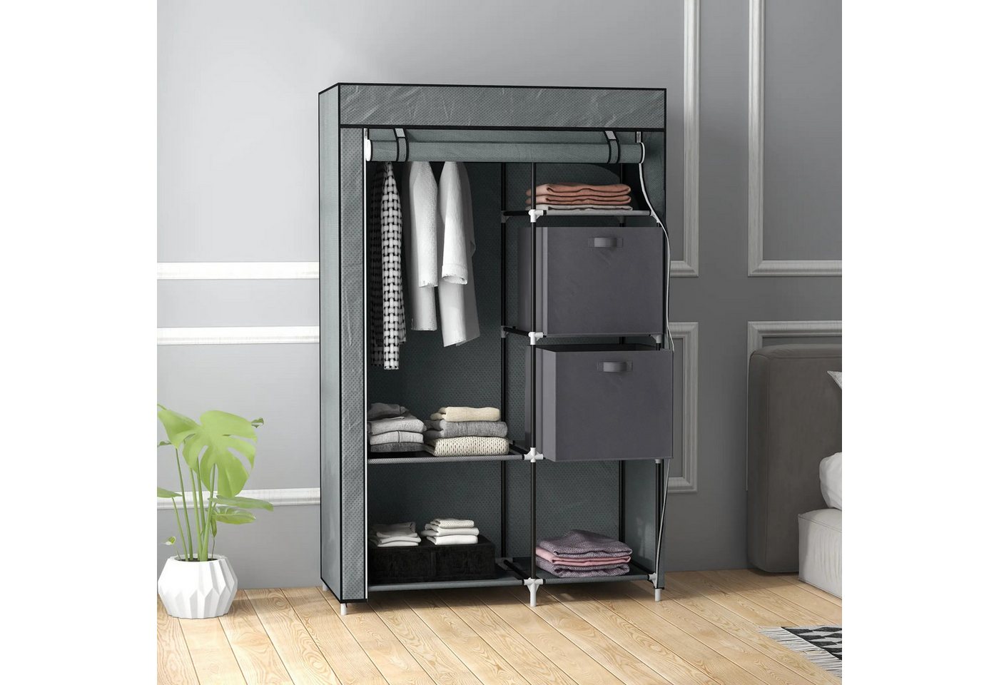 BlingBin Stoffschrank Kleiderschrank faltbarer Schrank, (1-St., mit 1 Kleiderstange,6 Regalböden) 102x42.5x162.5 cm,Grau von BlingBin