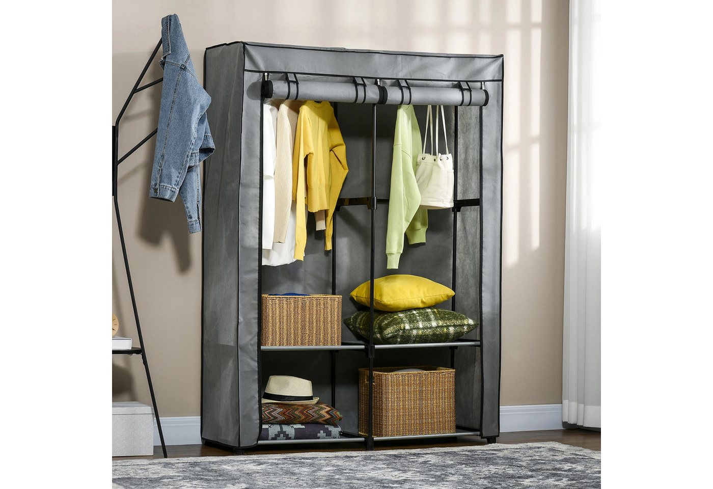 BlingBin Stoffschrank Kleiderschrank faltbarer Schrank, (1-St., mit 4 Regale,2 Kleiderstangen) Schrank aus Stoff,118x49x170cm,Grau von BlingBin