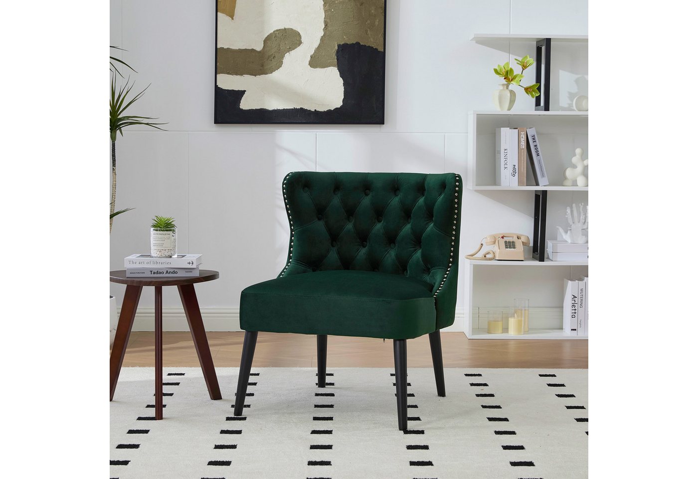 BlingBin Stuhl Polsterstuhl Esszimmerstühle Sofa Stuhl Modernes Design ohne Arm (Wohnzimmerstuhl Sessel mit Nieten trim und Massivholz Beine, 1 St), Rückenlehne Samt Gepolstertem für Wohnzimmer Esszimmer Schlafzimmer von BlingBin
