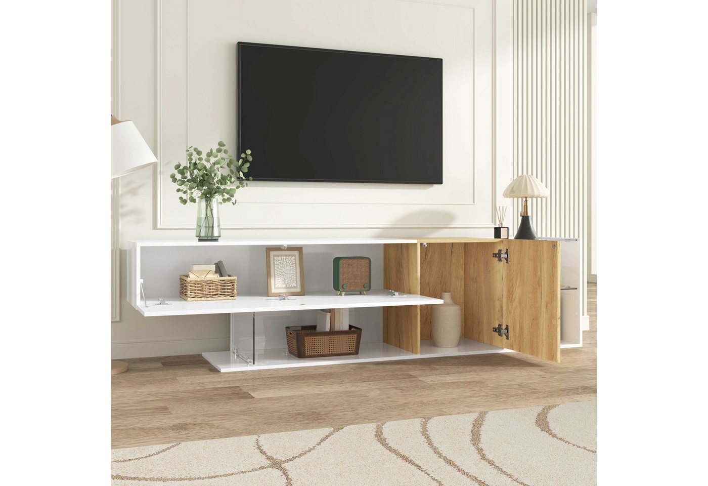 BlingBin TV-Schrank (1-St., TV-Kommode 180 cm in Hochglanz-Weiß mit Holzoptik) 2 Türen, offener Ablage, Glasregalen und großem Stauraum von BlingBin