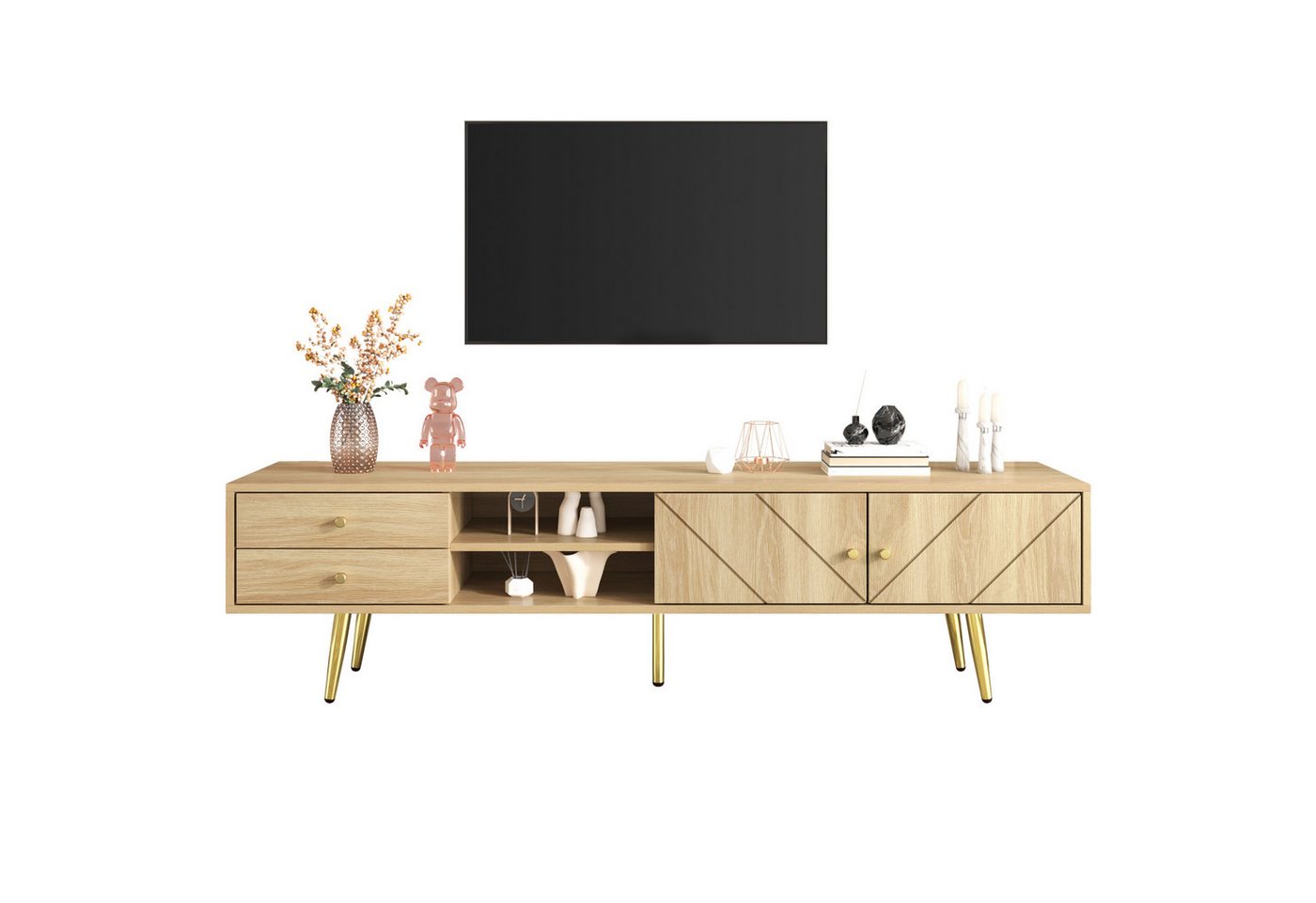 BlingBin TV-Schrank 160 cm mit Goldfüßen, TV-Lowboard (1er Set, 1-St., 160x36x42 cm) 2 Schubladen und Einzigartig Gestalteten Türen von BlingBin
