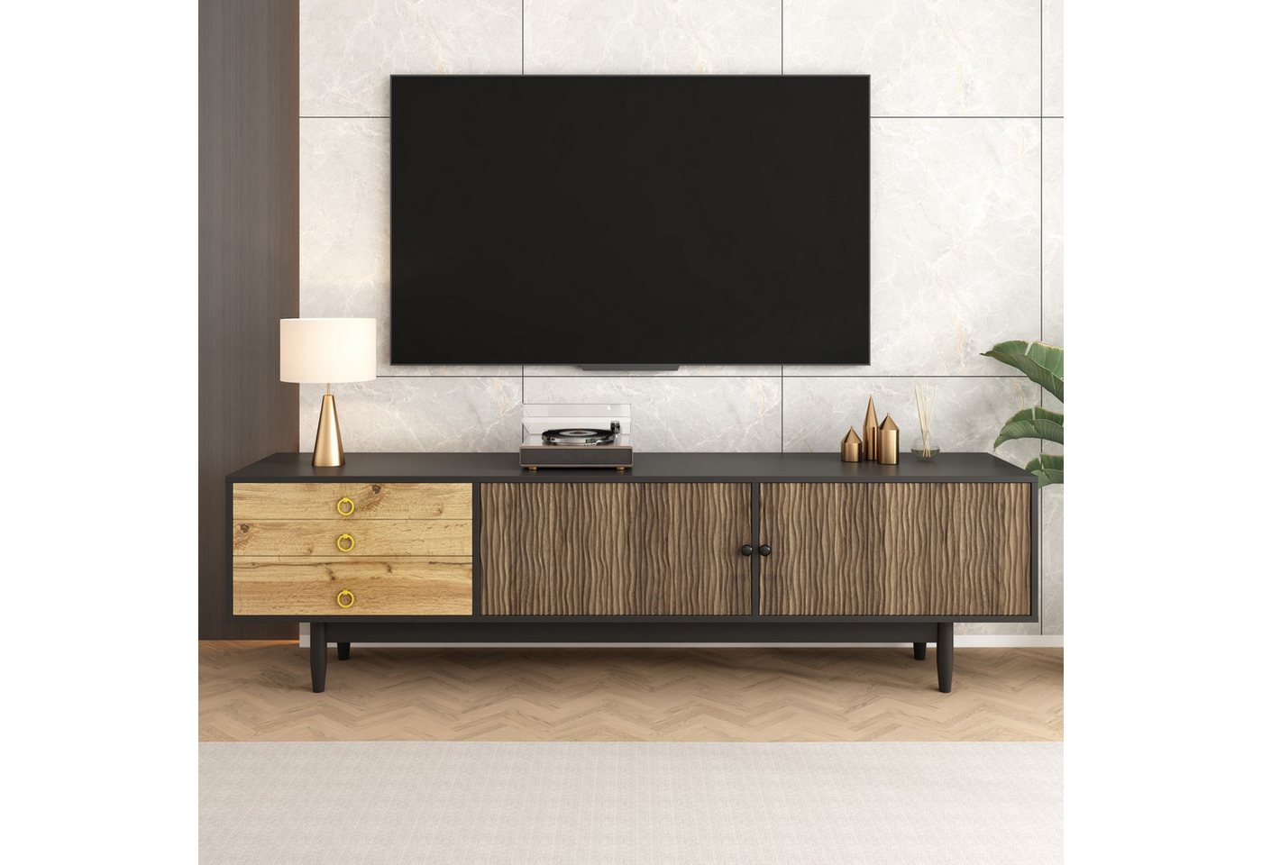 BlingBin TV-Schrank Fernsehschrank Lowboard Fernsehtisch Fernsehkommode TV-Board (Aufbewahrungsschrank mit 2 Türen mit Wasserwellenmuster und 3 Schubladen, 1-St., Gesamtabmessungen: 180*50*38cm, Produktbeladung: 50kg) TV-Ständer aus Spanplatte für Wohnzimmer, Schwarz und Holz BlingBin TV-Schrank Fernsehschrank Lowboard Fernsehtisch Fernsehkommode TV-Board (Aufbewahrungsschrank mit 2 Türen mit Wasserwellenmuster und 3 Schubladen, 1-St., Gesamtabmessungen: 180*50*38cm, Produktbeladung: 50kg) TV-Ständer aus Spanplatte für Wohnzimmer, Schwarz und Holz von BlingBin