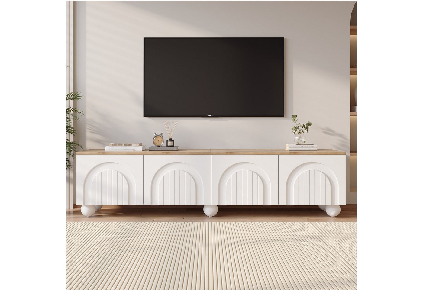 BlingBin TV-Schrank Fernsehschrank Lowboard TV-Board TV-Kommode (1-St., mit 4 Schränken,6 Kugelfuß Metallbeine,180×40×45cm) Geeignet für Fernseher um 80 Zoll,Holzfarbe+Weiß von BlingBin