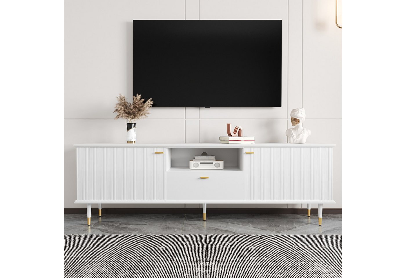 BlingBin TV-Schrank Fernsehtisch Fernsehschrank Lowboard TV-Kommode TV-Board (Aufbewahrungsschrank mit 1 Offenen Fächern, 1 Schublade und 2 Türen, Lackierte Strukturoberfläche, Soft-Close-Scharniere, 1-St., Gesamtabmessungen: 170*36*54,5cm, Gewichtskapazität: 60kg) TV-Schranktisch aus Hochwertigem MDF für Wohnzimmer, Weiß BlingBin TV-Schrank Fernsehtisch Fernsehschrank Lowboard TV-Kommode TV-Board (Aufbewahrungsschrank mit 1 Offenen Fächern, 1 Schublade und 2 Türen, Lackierte Strukturoberfläche, Soft-Close-Scharniere, 1-St., Gesamtabmessungen: 170*36*54,5cm, Gewichtskapazität: 60kg) TV-Schranktisch aus Hochwertigem MDF für Wohnzimmer, Weiß von BlingBin