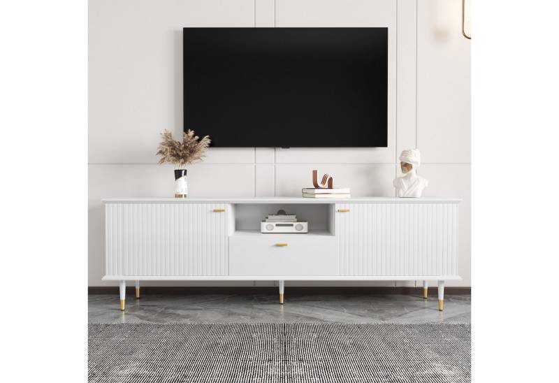 BlingBin TV-Schrank Fernsehtisch Fernsehschrank Lowboard TV-Kommode TV-Board (Aufbewahrungsschrank mit 1 Offenen Fächern, 1 Schublade und 2 Türen, Lackierte Strukturoberfläche, Soft-Close-Scharniere, 1-St., Gesamtabmessungen: 170*36*54,5cm, Gewichtskapazität: 60kg) TV-Schranktisch aus Hochwertigem MDF für Wohnzimmer, Weiß von BlingBin