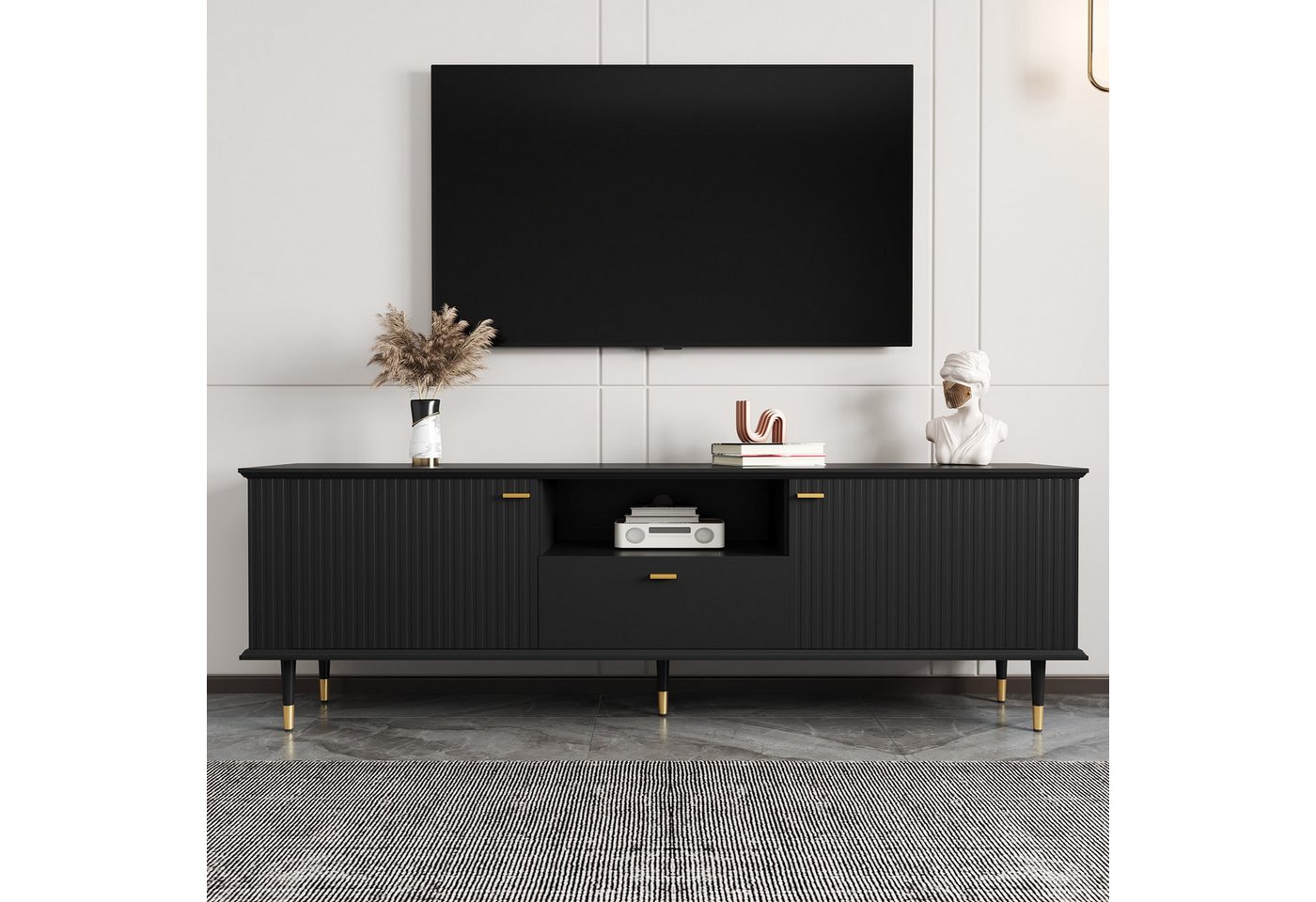 BlingBin TV-Schrank Fernsehtisch Fernsehschrank Lowboard TV-Kommode TV-Board (Aufbewahrungsschrank mit 1 Offenen Fächern, 1 Schublade und 2 Türen, Lackierte Strukturoberfläche, Soft-Close-Scharniere, 1-St., Gesamtabmessungen: 170*36*54,5cm, Gewichtskapazität: 60kg) TV-Schranktisch aus Hochwertigem MDF für Wohnzimmer, Schwarz BlingBin TV-Schrank Fernsehtisch Fernsehschrank Lowboard TV-Kommode TV-Board (Aufbewahrungsschrank mit 1 Offenen Fächern, 1 Schublade und 2 Türen, Lackierte Strukturoberfläche, Soft-Close-Scharniere, 1-St., Gesamtabmessungen: 170*36*54,5cm, Gewichtskapazität: 60kg) TV-Schranktisch aus Hochwertigem MDF für Wohnzimmer, Schwarz von BlingBin
