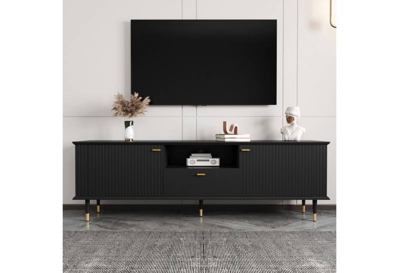 BlingBin TV-Schrank Fernsehtisch Fernsehschrank Lowboard TV-Kommode TV-Board (Aufbewahrungsschrank mit 1 Offenen Fächern, 1 Schublade und 2 Türen, Lackierte Strukturoberfläche, Soft-Close-Scharniere, 1-St., Gesamtabmessungen: 170*36*54,5cm, Gewichtskapazität: 60kg) TV-Schranktisch aus Hochwertigem MDF für Wohnzimmer, Schwarz von BlingBin