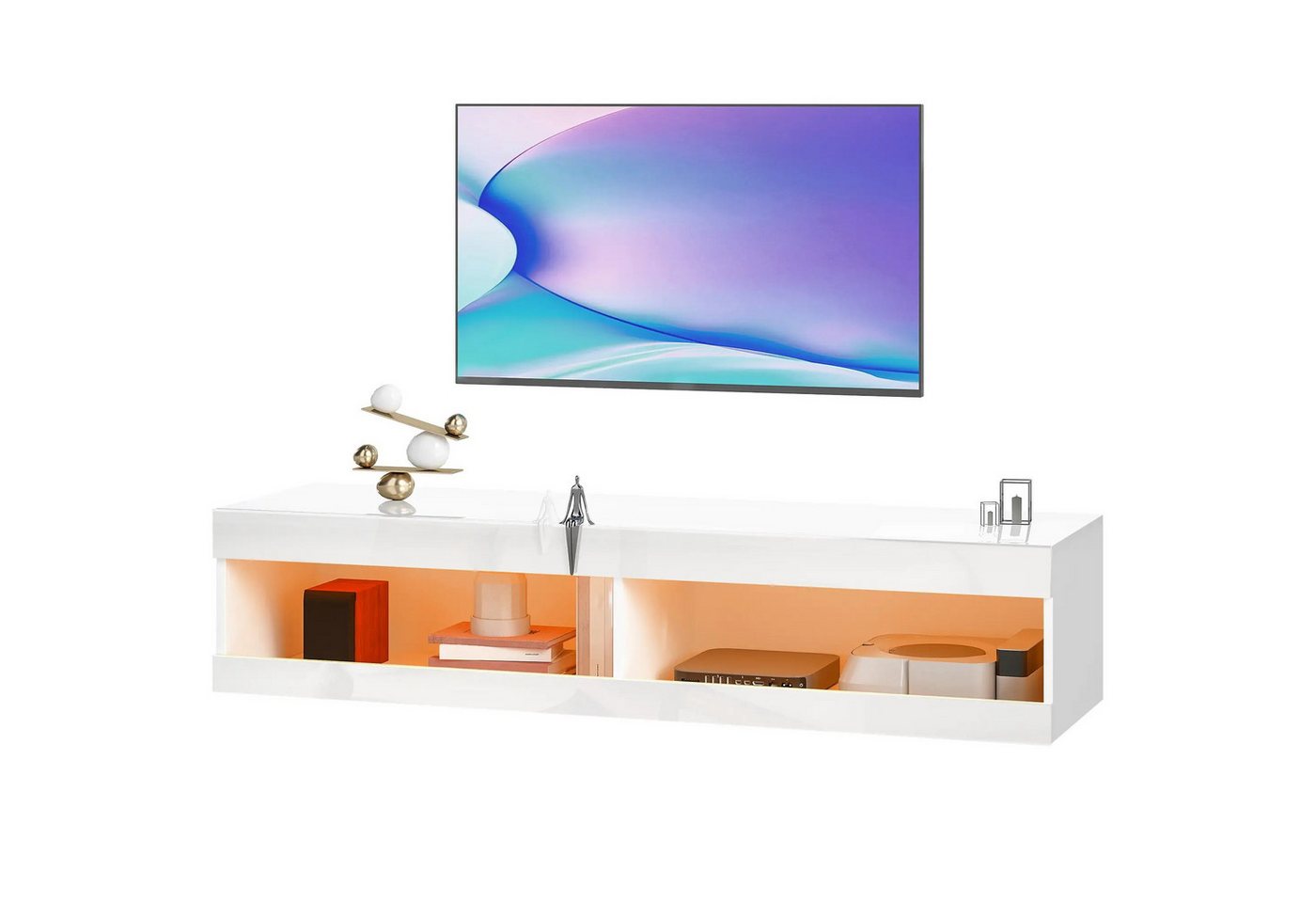 BlingBin TV-Schrank Hängendes TV Lowboard mit RGB LED-Beleuchtung in 16 Farben (1er Set, 1-St., 140cm x 40cm x 30cm) TV Ständer mit offenen Stauraum, für 55-60 Zoll Fernseher von BlingBin