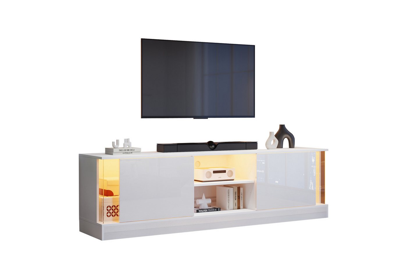 BlingBin TV-Schrank Hochglanz Bodenstehender TV-Ständer, Fernsehtisch Lowboard TV-Tisch (TV-Aufbewahrungsschrank mit 16 Farben LED-Lichtstreifen, 2 Tür und 2 Offenes Fach, 1-St., Gesamtgröße: 176 x 38 x 50 cm, Tragfähig: 30KG) TV-Wohnzimmermöbel für Fernseher bis 70 Zoll, Spanplatte, Weiß BlingBin TV-Schrank Hochglanz Bodenstehender TV-Ständer, Fernsehtisch Lowboard TV-Tisch (TV-Aufbewahrungsschrank mit 16 Farben LED-Lichtstreifen, 2 Tür und 2 Offenes Fach, 1-St., Gesamtgröße: 176 x 38 x 50 cm, Tragfähig: 30KG) TV-Wohnzimmermöbel für Fernseher bis 70 Zoll, Spanplatte, Weiß von BlingBin