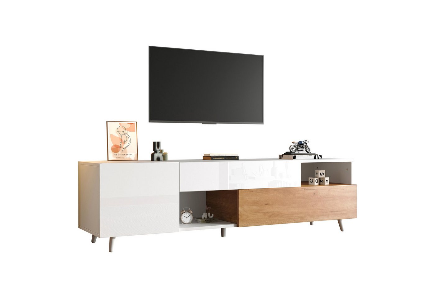 BlingBin TV-Schrank Hochglanz Fernsehschrank Fernsehtisch Lowboard TV-Board TV-Tisch (Aufbewahrungsschrank mit Unterer Tür und 1 Schublade und 7 Ablagefächern, 1-St., Größe: 180*38*50cm, Empfohlene Tragfähigkeit: 30kg) Geeignet für Fernseher um die 75 Zoll, Spanplatte, Weiß & Holzfarbe BlingBin TV-Schrank Hochglanz Fernsehschrank Fernsehtisch Lowboard TV-Board TV-Tisch (Aufbewahrungsschrank mit Unterer Tür und 1 Schublade und 7 Ablagefächern, 1-St., Größe: 180*38*50cm, Empfohlene Tragfähigkeit: 30kg) Geeignet für Fernseher um die 75 Zoll, Spanplatte, Weiß & Holzfarbe von BlingBin