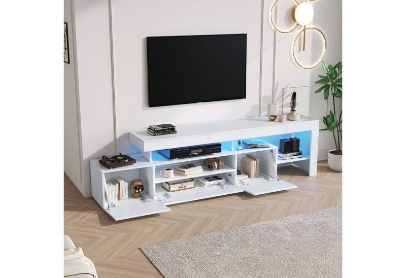 BlingBin TV-Schrank Hochglanz Lowboard Fernsehtisch Fernsehschrank TV-Board Mit LED (Aufbewahrungsschrank mit 3 Schränke und Offener Lagerraum, 1-St., Größe: 192*37*53cm, Empfohlene Tragfähigkeit: 30kg) TV-Ständer aus Spanplatte für Fernseher um 85 Zoll, Weiß von BlingBin