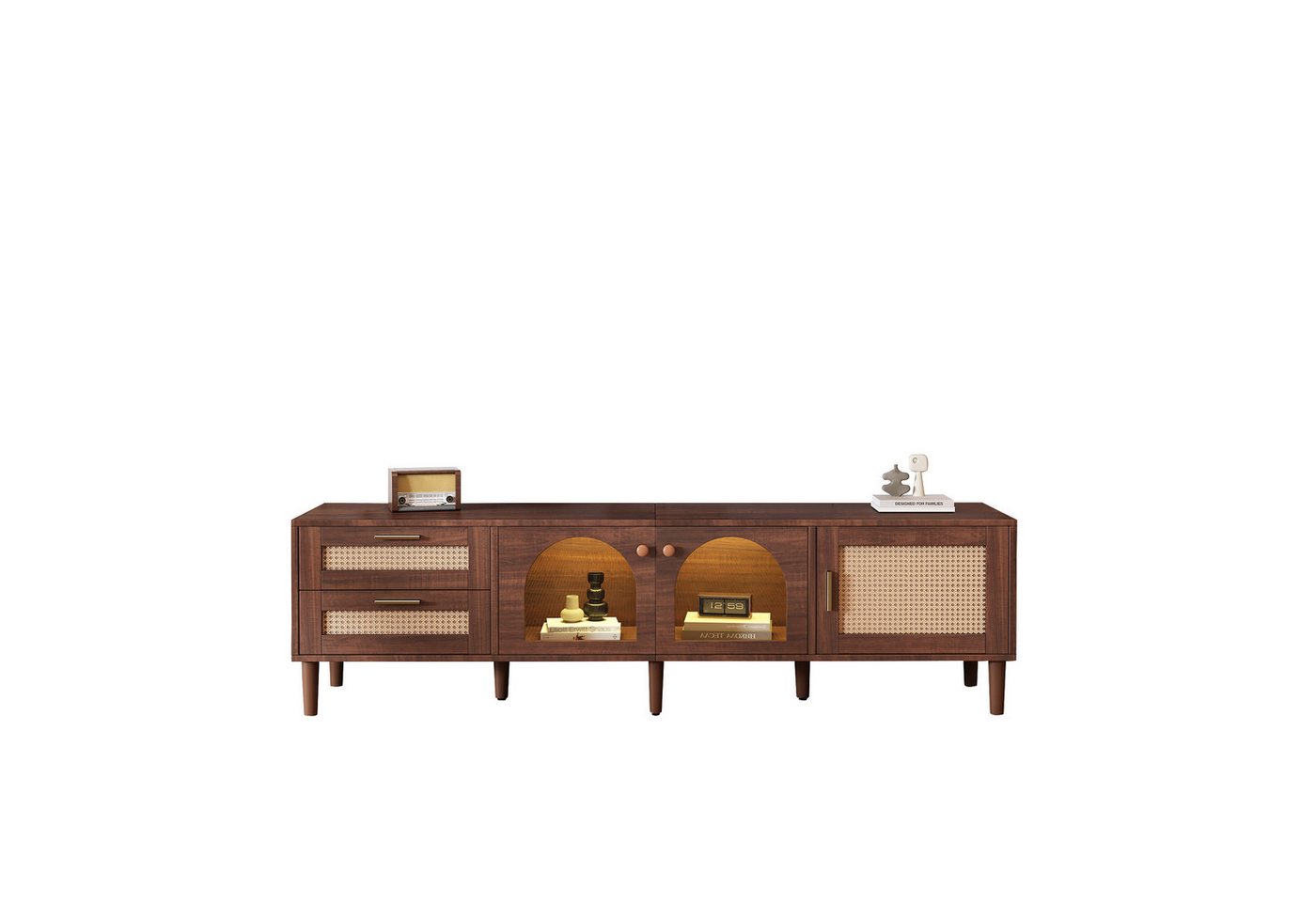 BlingBin TV-Schrank Holz-TV-Schrank, TV-Ständer, TV-Board, Fernsehtisch (1er Set, 1-St., mit 2 Rattan-Schubladen, 2 gewölbten Glastüren und 1 Rattan-Tür) für 80-Zoll-Fernseher, LED-Beleuchtung, bietet stilvolle Aufbewahrung von BlingBin