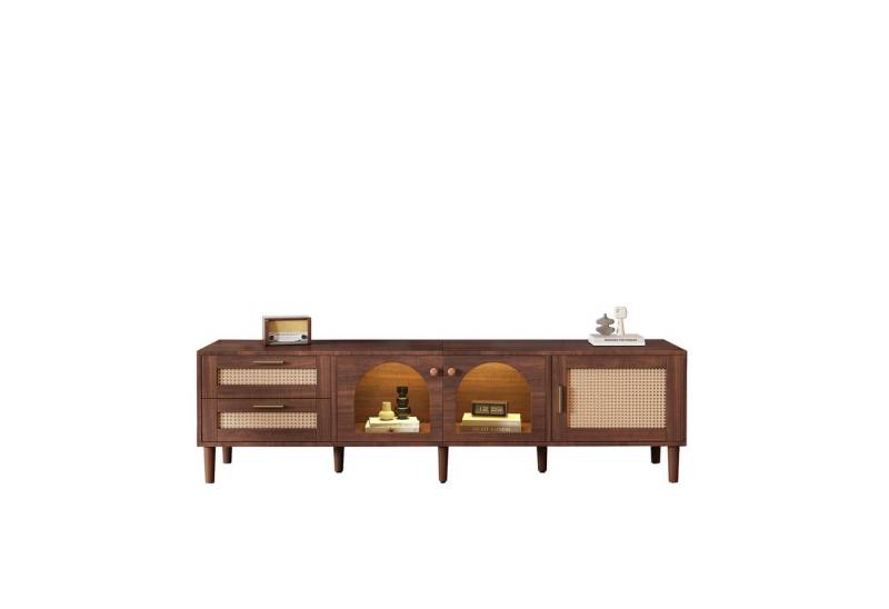 BlingBin TV-Schrank Holz-TV-Schrank, TV-Ständer, TV-Board, Fernsehtisch (1er Set, 1-St., mit 2 Rattan-Schubladen, 2 gewölbten Glastüren und 1 Rattan-Tür) für 80-Zoll-Fernseher, LED-Beleuchtung, bietet stilvolle Aufbewahrung von BlingBin
