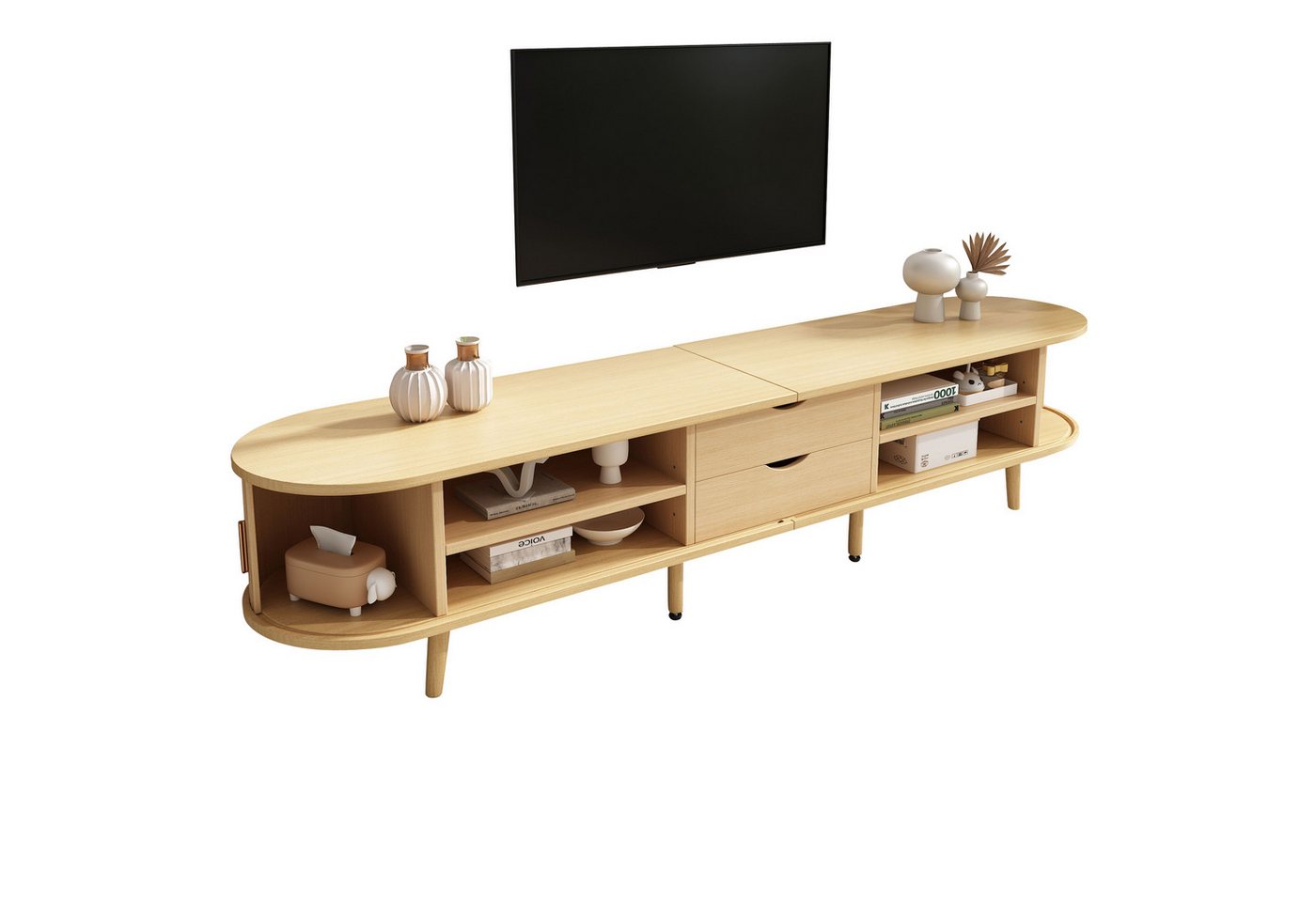 BlingBin TV-Schrank Lagerschrank Lowboard TV Board Fernsehtisch, TV-Möbel mit Stauraum (Fernsehschrank mit 2 Schubladen und Verstellbare Füße, MDF Holzmaserung, 1-St., Größe: 175 x 40 x 42cm, Tragkraft: 30KG) Wohnzimmer-TV-Schrank, Runder Tischplatte, Helles Walnussholz BlingBin TV-Schrank Lagerschrank Lowboard TV Board Fernsehtisch, TV-Möbel mit Stauraum (Fernsehschrank mit 2 Schubladen und Verstellbare Füße, MDF Holzmaserung, 1-St., Größe: 175 x 40 x 42cm, Tragkraft: 30KG) Wohnzimmer-TV-Schrank, Runder Tischplatte, Helles Walnussholz von BlingBin