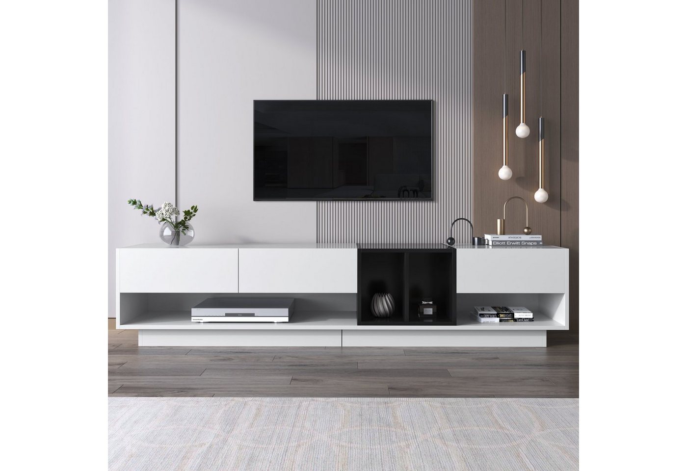 BlingBin TV-Schrank Lowboard (1-St., Farbblockierendes Design, 190x 40x 42cm) Drei Schubladen, Hochglanz-Weiß, mehrere Stauräume von BlingBin