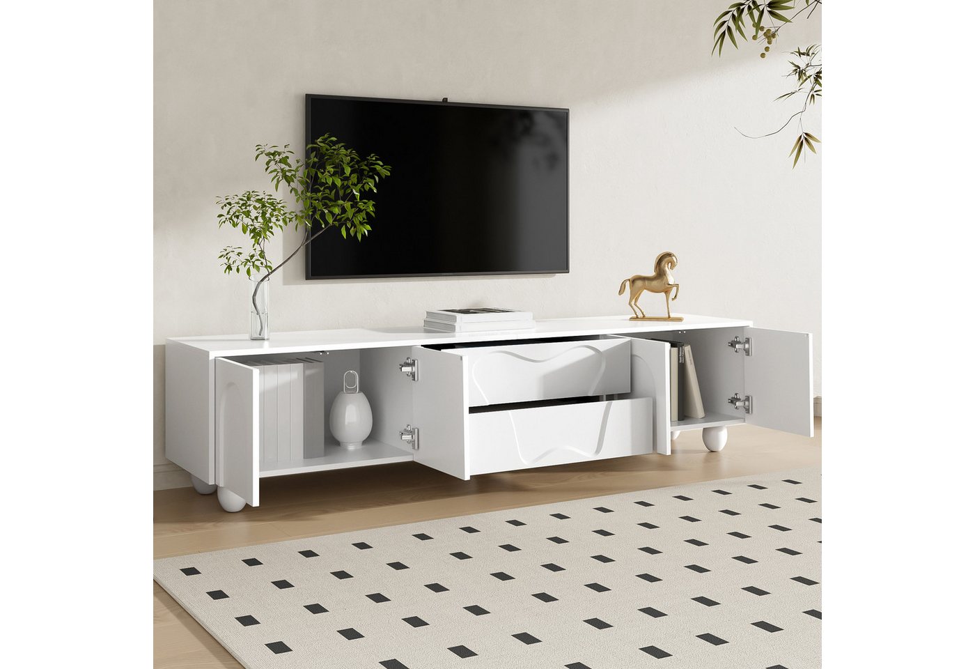 BlingBin TV-Schrank Lowboard Fernsehtisch Fernsehschrank TV-Board TV-Kommode (Aufbewahrungsschrank mit 4 Türen, 2 Schubladen und Holzbeinen, Einzigartigem Design, 1-St., Gesamtabmessungen: 180*40*42cm, Produktladung: 30kg) Stilvolles Fernsehkommode für Wohnzimmer, Spanplatte, Weiß von BlingBin