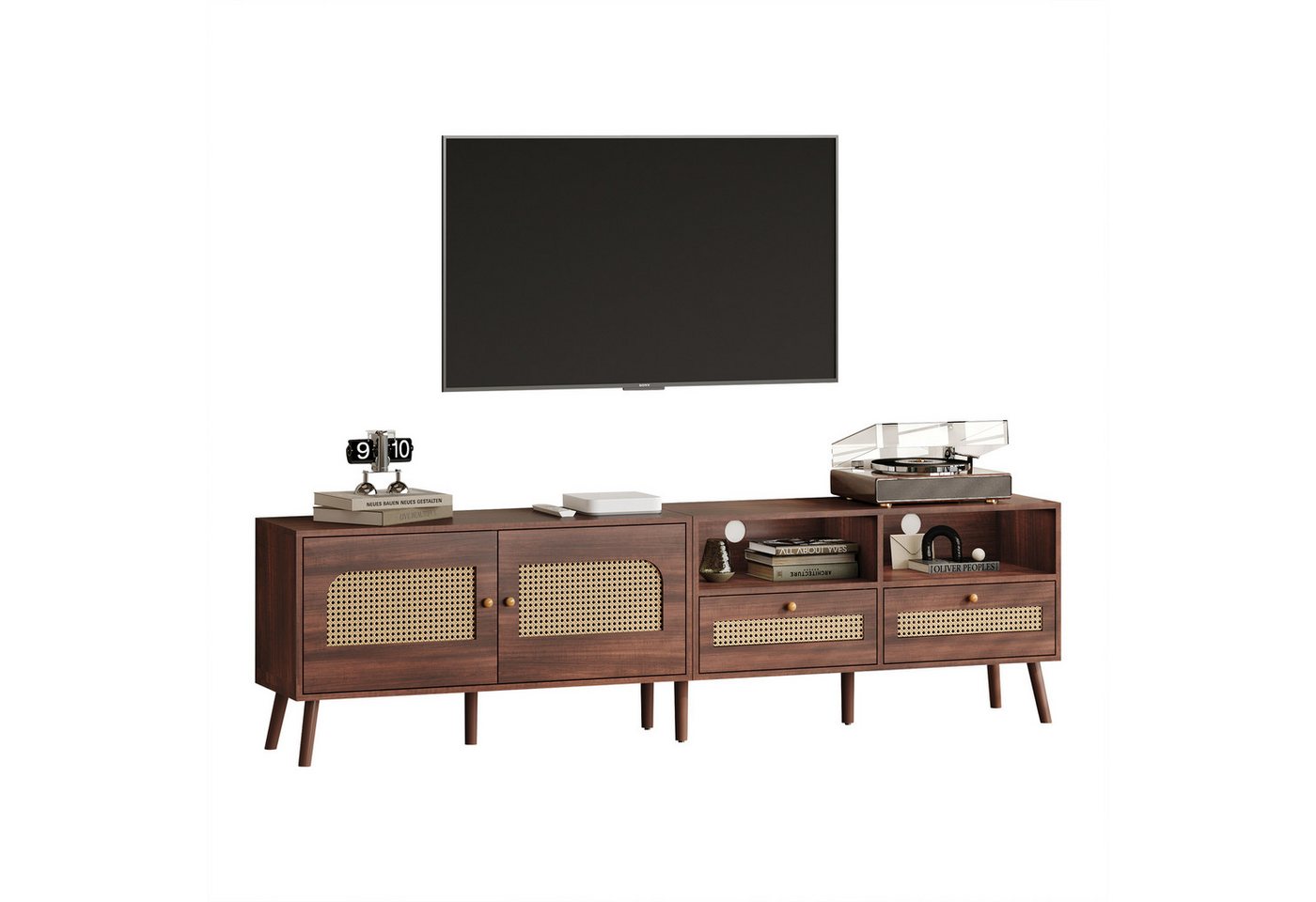 BlingBin TV-Schrank Lowboard Fernsehtisch Fernsehschrank TV-Tisch TV-Board Lagerschrank (TV-Aufbewahrungsschrank mit 2 Rattantüren, 2 Schublade, 2 Offene Fächer und 8 Stützbeinen, 1-St., Gesamtgröße: 200*37*49.5cm, Modernes Entertainment-Kontrollzentrum) Multifunktionaler Wohnzimmermöbel für 80-Zoll-Fernseher, Spanplatte BlingBin TV-Schrank Lowboard Fernsehtisch Fernsehschrank TV-Tisch TV-Board Lagerschrank (TV-Aufbewahrungsschrank mit 2 Rattantüren, 2 Schublade, 2 Offene Fächer und 8 Stützbeinen, 1-St., Gesamtgröße: 200*37*49.5cm, Modernes Entertainment-Kontrollzentrum) Multifunktionaler Wohnzimmermöbel für 80-Zoll-Fernseher, Spanplatte von BlingBin