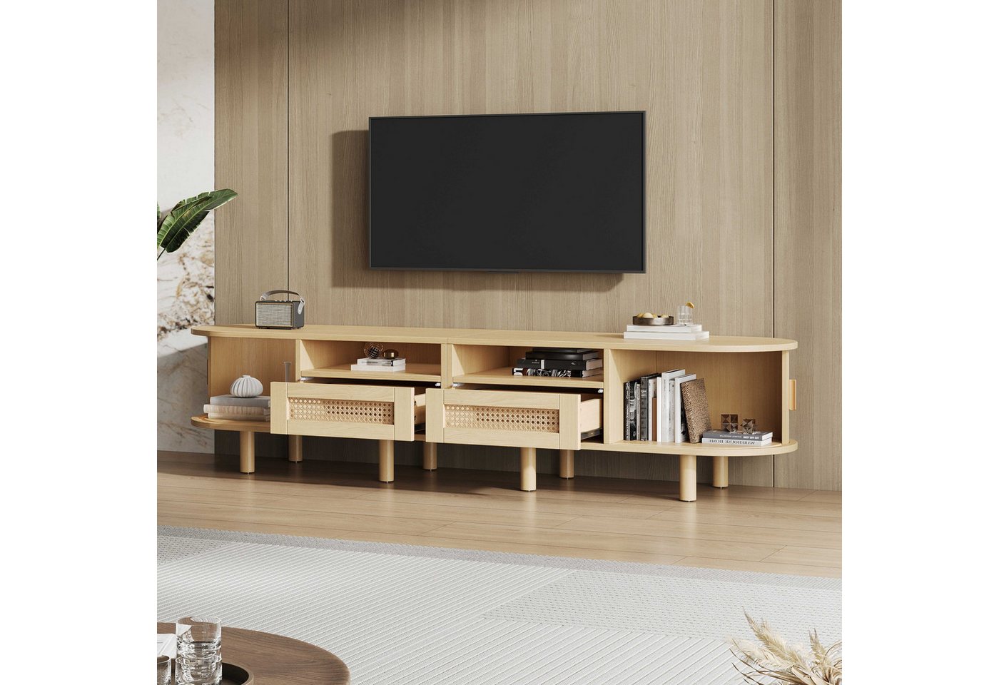 BlingBin TV-Schrank Lowboard Fernsehtisch TV-Ständer (1-St., Oval 170 cm, MDF mit Massivholzbeinen, Platzsparend für Wohnzimmer) 2 Schubladen + 2 Halboffene Fächer, Schiebetüren, bis zu 70 Zoll von BlingBin