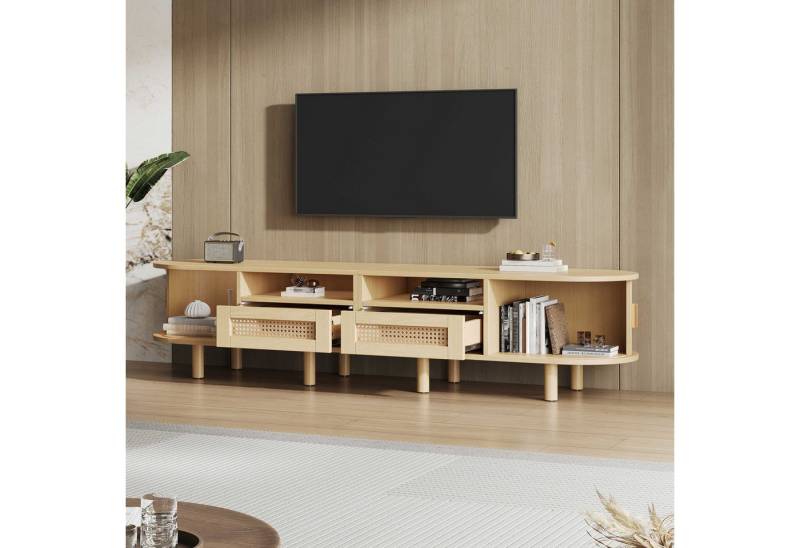 BlingBin TV-Schrank Lowboard Fernsehtisch TV-Ständer (1-St., Oval 170 cm, MDF mit Massivholzbeinen, Platzsparend für Wohnzimmer) 2 Schubladen + 2 Halboffene Fächer, Schiebetüren, bis zu 70 Zoll von BlingBin