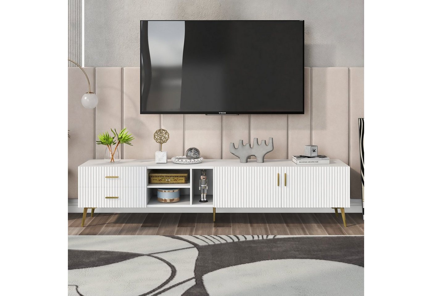 BlingBin TV-Schrank Lowboard TV-Boards TV-Schrank,180cm mit 2-Türen, 2-Schubladen (3-Fächer, für 75-Zoll-Fernseher, weiß) Mit 5 Metallfüßen von BlingBin