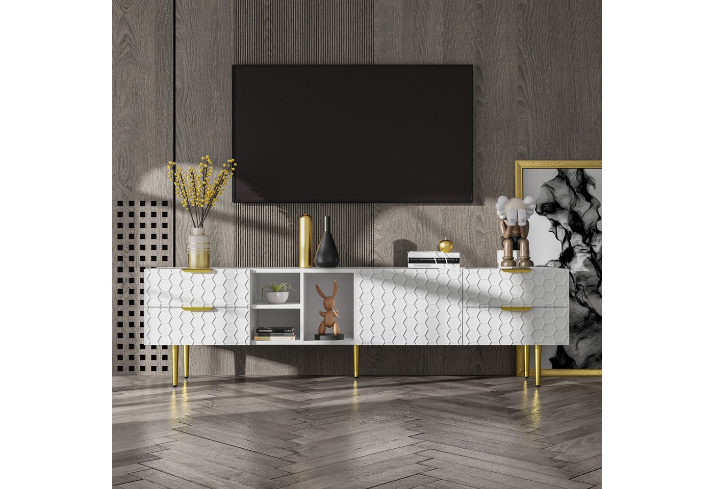 BlingBin TV-Schrank Lowboard mit strukturierten Türen, TV-Möbel mit Schubladen (1er Set, 1-St., Mit Aufbewahrungsfunktion, 170x 40,3x49,9 cm) offenen Fächern, goldenen Griffen und goldenen Füßen von BlingBin