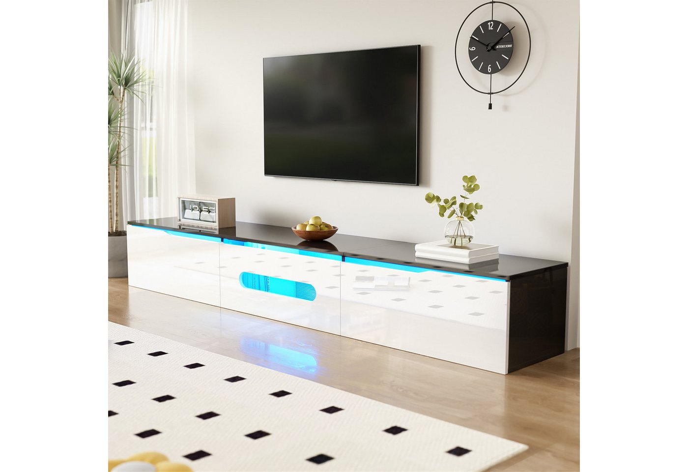 BlingBin TV-Schrank Minimalistisches TV-Lowboard TV-Möbel (1-St., mit LED-Beleuchtung, Hochglanz, 180 cm) Wandmontage & Stauraum, Schwarz-Weiß von BlingBin