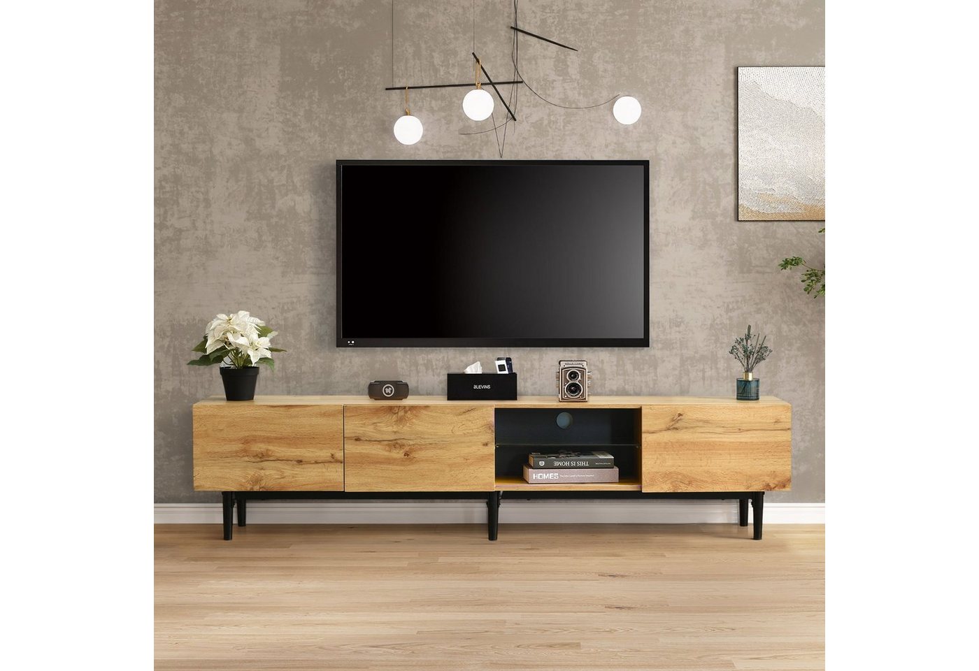 BlingBin TV-Schrank Moderner Lowboard Holzoptik Breite 175cm (Mit fernbedienbarem 7-Farben-LED-Licht) Gesamtabmessungen 175 L x 31 W x 41 H (cm) von BlingBin