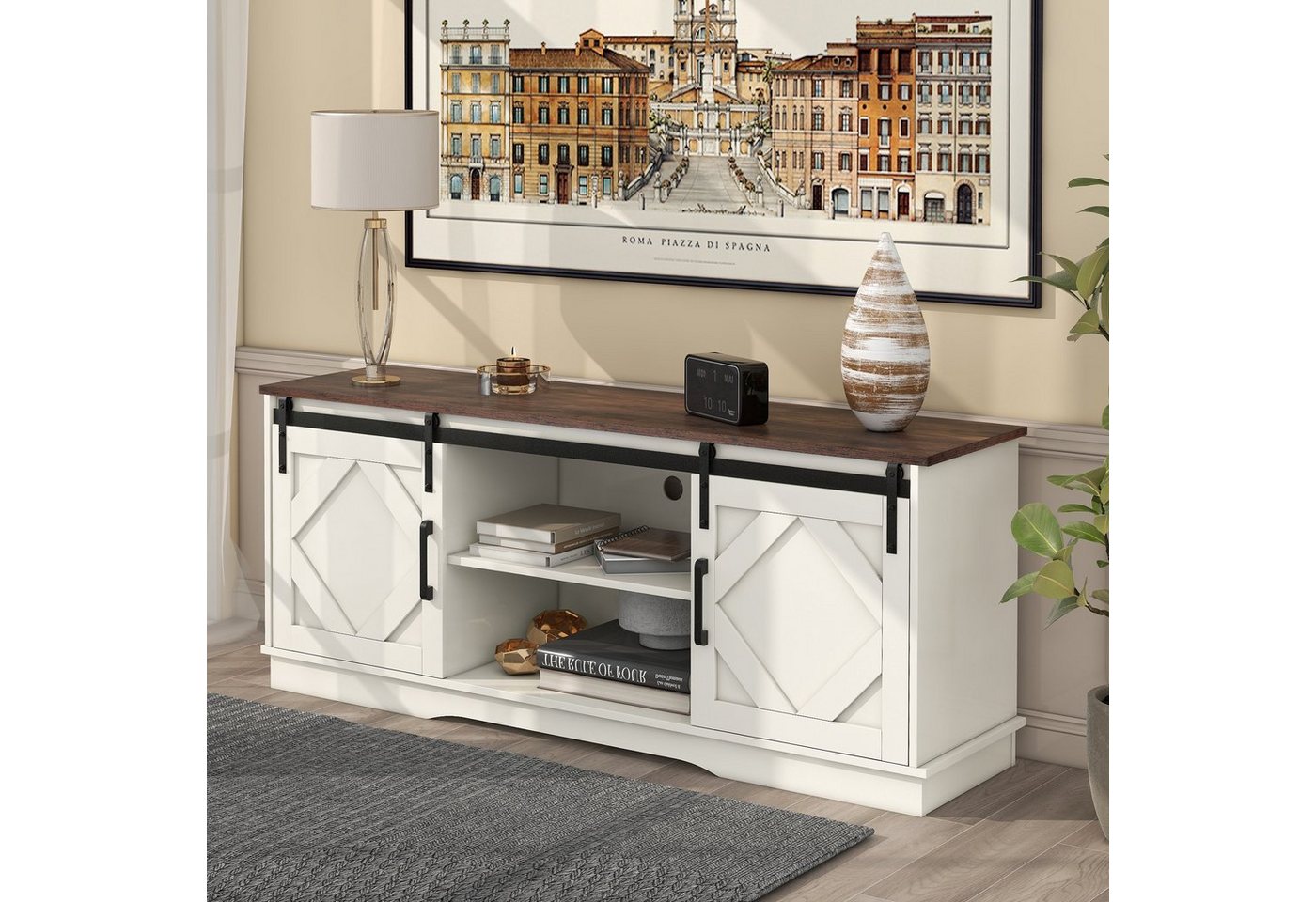 BlingBin TV-Schrank Sideboard Lowboard für Wohnzimmer Esszimmer weiß (mit 2 klassischen Schiebetüren, Einstellbare Regale) Overall Dimension 150*40*60cm( LxWxH) von BlingBin