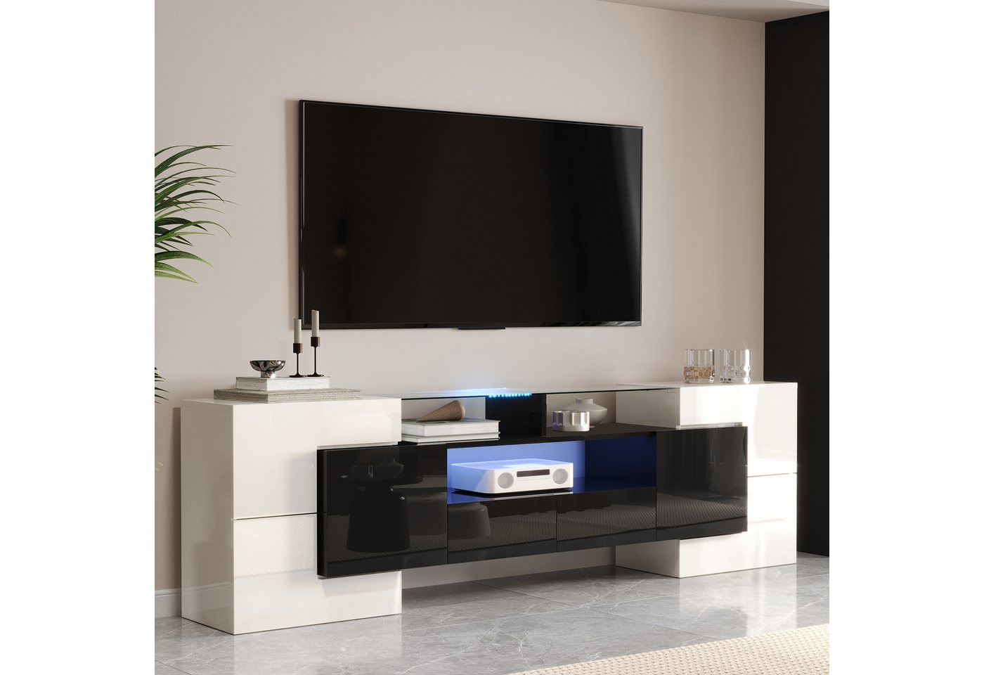BlingBin TV-Schrank Stilvoller Lowboard Fernsehtisch Fernsehschrank, TV-Board TV-Möbel (TV-Schranktisch mit LED-Beleuchtung und Elegante Glasoberfläche, 1-St., Maße: 200 L x 35B x 60 H cm, Produktladung: 60kg) Niedriges Panel für Wohnzimmer, Hochglanz-Weiß und Schwarz von BlingBin