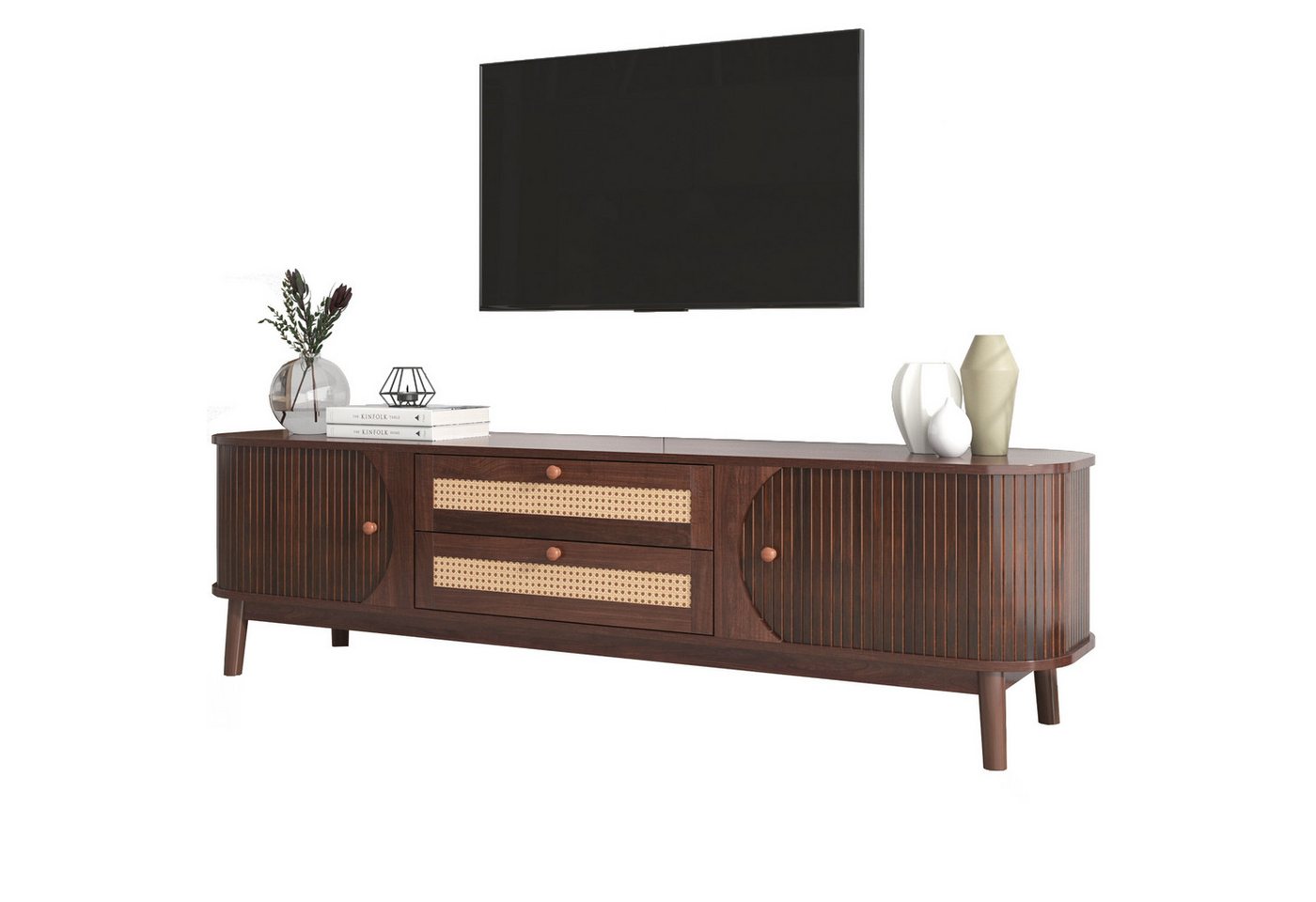 BlingBin TV-Schrank TV-Möbel, TV-Panel, TV-Lowboard, Fernsehtisch TV Board Fernsehschrank (TV-Aufbewahrungsschrank mit 2 Schiebetüren und 2 Schubladen, 1-St., Gesamtabmessungen: 170 x 39,5 x 46cm, Produktladung: 50KG) Natürlicher Landhausstil TV-Ständer mit Rattanseiten für Wohnzimmer BlingBin TV-Schrank TV-Möbel, TV-Panel, TV-Lowboard, Fernsehtisch TV Board Fernsehschrank (TV-Aufbewahrungsschrank mit 2 Schiebetüren und 2 Schubladen, 1-St., Gesamtabmessungen: 170 x 39,5 x 46cm, Produktladung: 50KG) Natürlicher Landhausstil TV-Ständer mit Rattanseiten für Wohnzimmer von BlingBin