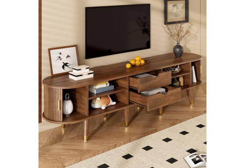 BlingBin TV-Schrank TV-Möbel, TV-Panel, TV-Lowboard, Fernsehtisch TV Board Fernsehschrank (TV-Aufbewahrungsschrank mit 2 Rattan-Schiebetür und 2 Schubladen, Offenen Fächern, 1-St., Gesamtabmessungen: 175 x 38 x 45cm, Produktladung: 60KG) Natürlicher Landhausstil TV-Ständer für Wohnzimmer, MDF, Holzfarbe von BlingBin