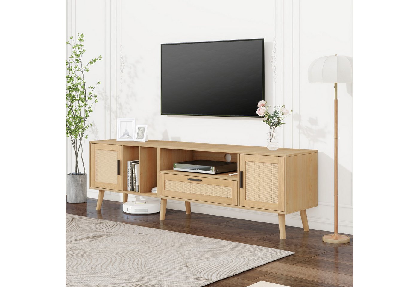BlingBin TV-Schrank TV-Möbel, TV-Panel, TV-Lowboard, Fernsehtisch TV Board Fernsehschrank (TV-Aufbewahrungsschrank mit Rattan-Dekoration, 2 Türen und 1 Schublade und 3 Offenem Fach, 1-St., Gesamtgröße: 180*40*54 cm, Gewichtskapazität: 50kg, Massivholz-Beine) TV-Schrank Bietet Platz für einen 80-Zoll-Fernseher, Holzfarbe BlingBin TV-Schrank TV-Möbel, TV-Panel, TV-Lowboard, Fernsehtisch TV Board Fernsehschrank (TV-Aufbewahrungsschrank mit Rattan-Dekoration, 2 Türen und 1 Schublade und 3 Offenem Fach, 1-St., Gesamtgröße: 180*40*54 cm, Gewichtskapazität: 50kg, Massivholz-Beine) TV-Schrank Bietet Platz für einen 80-Zoll-Fernseher, Holzfarbe von BlingBin