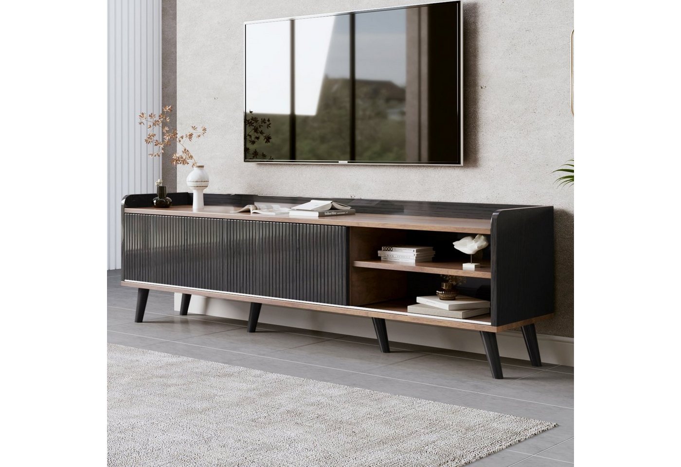 BlingBin TV-Schrank TV-Möbel, TV-Panel, TV-Lowboard, Fernsehtisch TV Board Fernsehschrank (TV-Schrank mit 2 Schubladen und 2 Schiebetüren, 1-St., Gesamtabmessungen: 160 x 40 x 58cm, Produktladung: 60KG) Exquisite Textur, Spanplatte, Schwarz und Natürliches Holzfarbe BlingBin TV-Schrank TV-Möbel, TV-Panel, TV-Lowboard, Fernsehtisch TV Board Fernsehschrank (TV-Schrank mit 2 Schubladen und 2 Schiebetüren, 1-St., Gesamtabmessungen: 160 x 40 x 58cm, Produktladung: 60KG) Exquisite Textur, Spanplatte, Schwarz und Natürliches Holzfarbe von BlingBin