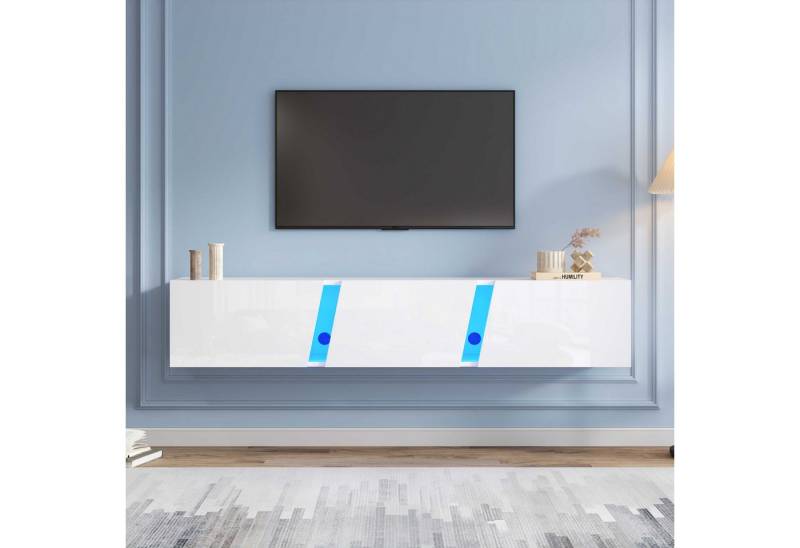 BlingBin TV-Schrank TV-Ständer (wandmontierter,mit LED-Leuchten, 3 Schranktüren) 180 x 35 x 30 cm, geeignet für 75-Zoll-Fernseher, Weiß von BlingBin