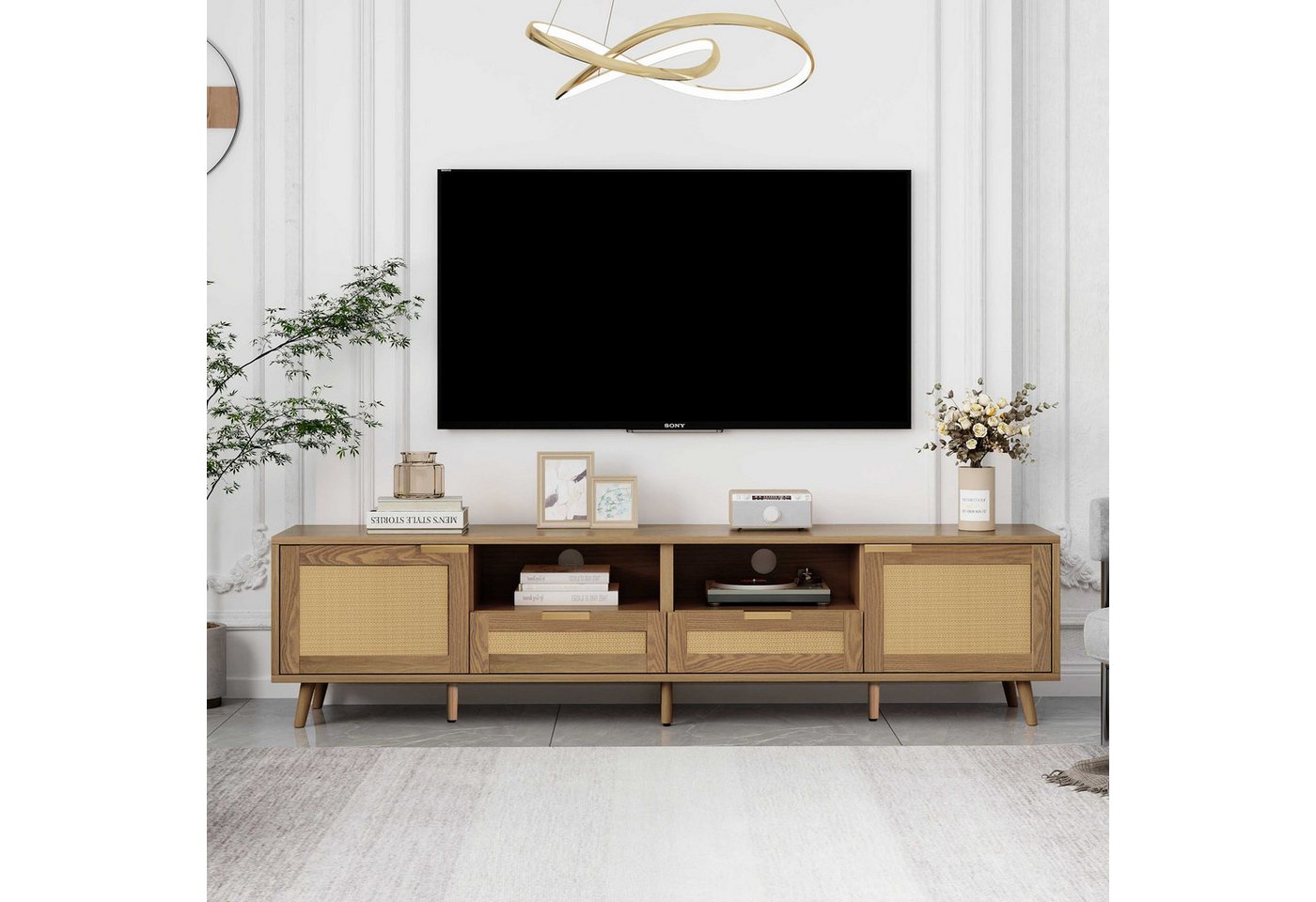BlingBin TV-Schrank TV-Ständer Fernsehschrank (1-St., Massivholz Füße, mit 2 Schubladen,2 Türen) 200×37×49 cm, Kunststoff Rattan Design von BlingBin