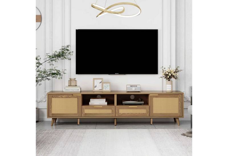 BlingBin TV-Schrank TV-Ständer Fernsehschrank (1-St., Massivholz Füße, mit 2 Schubladen,2 Türen) 200×37×49 cm, Kunststoff Rattan Design von BlingBin