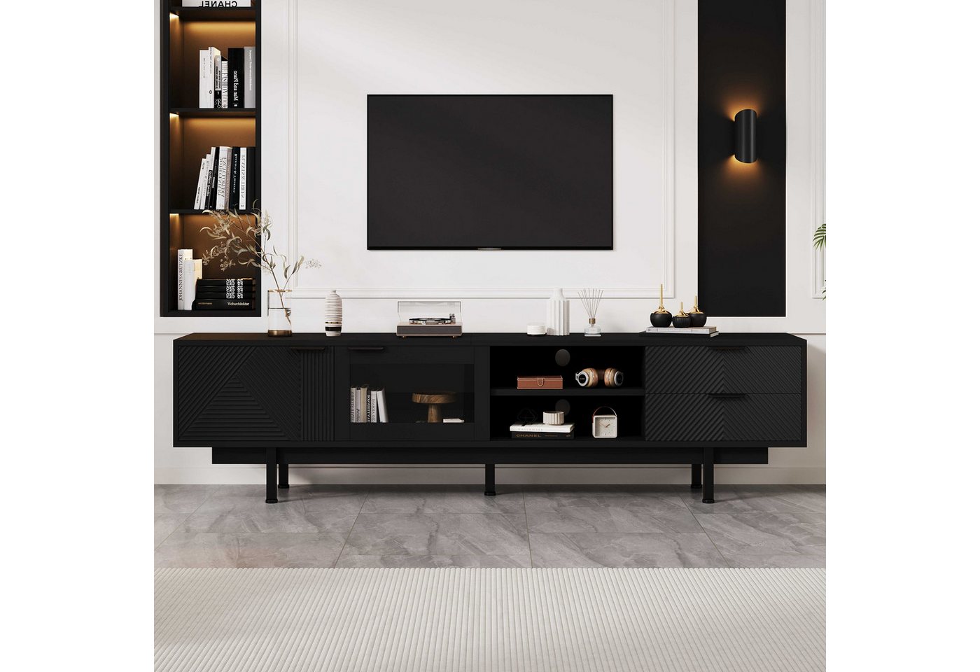 BlingBin TV-Schrank TV-Ständer Fernsehschrank (1-St., Mit 2 Türen und 2 Schubladen,Gesamttragkraft von 45kg) großem Stauraum,Geeignet für 80-Zoll,200×40×50.5 cm von BlingBin