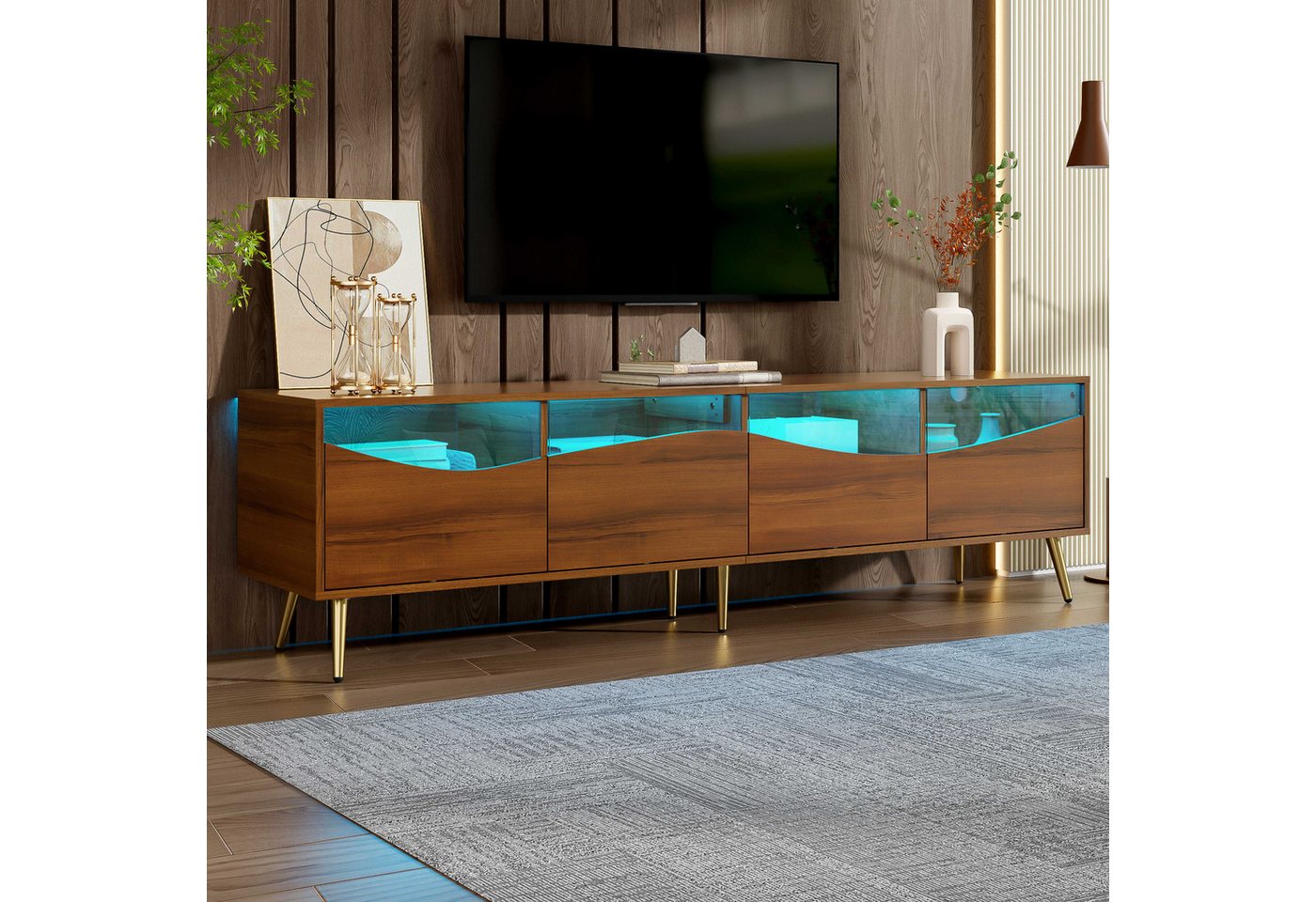 BlingBin TV-Schrank TV-Ständer Fernsehschrank (1-St., mit LED-Beleuchtung,goldenen Metallfüßen, Glasfront,4 Schubladen) 180x40x50cm, stilvolles Lowboard für Wohnzimmer von BlingBin