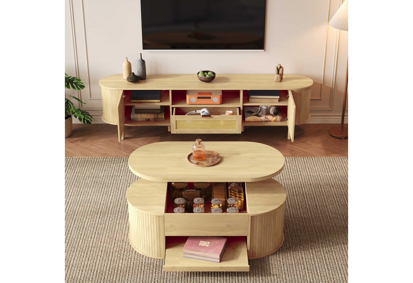 BlingBin TV-Schrank Wohnzimmermöbel (2-St., Wohnzimmermöbel-Set mit höhenverstellbarem Couchtisch und TV-Schrank) MDF-Holzoptik, Metallbeine, viel Stauraum von BlingBin