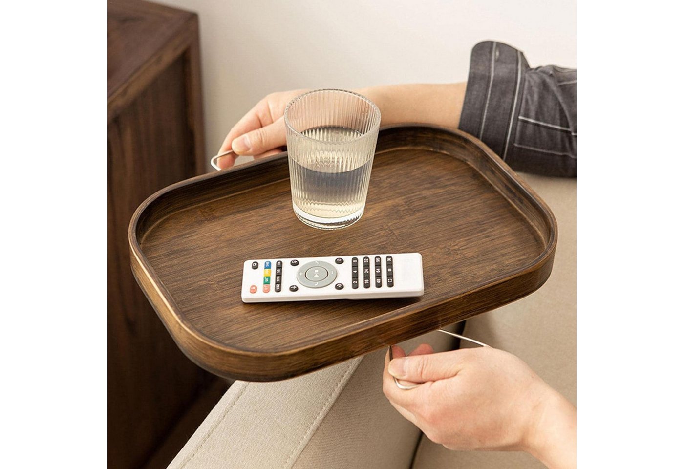 BlingBin Tablett Sofatablett rutschfest - Sofa Armlehne Tabletttisch Getränkehalter, Bambus, (1 Stück, 1-tlg., 33 x 22 cm), Couch-Armtablett, TV-Tisch, Beistelltische Für Essen und Trinken von BlingBin
