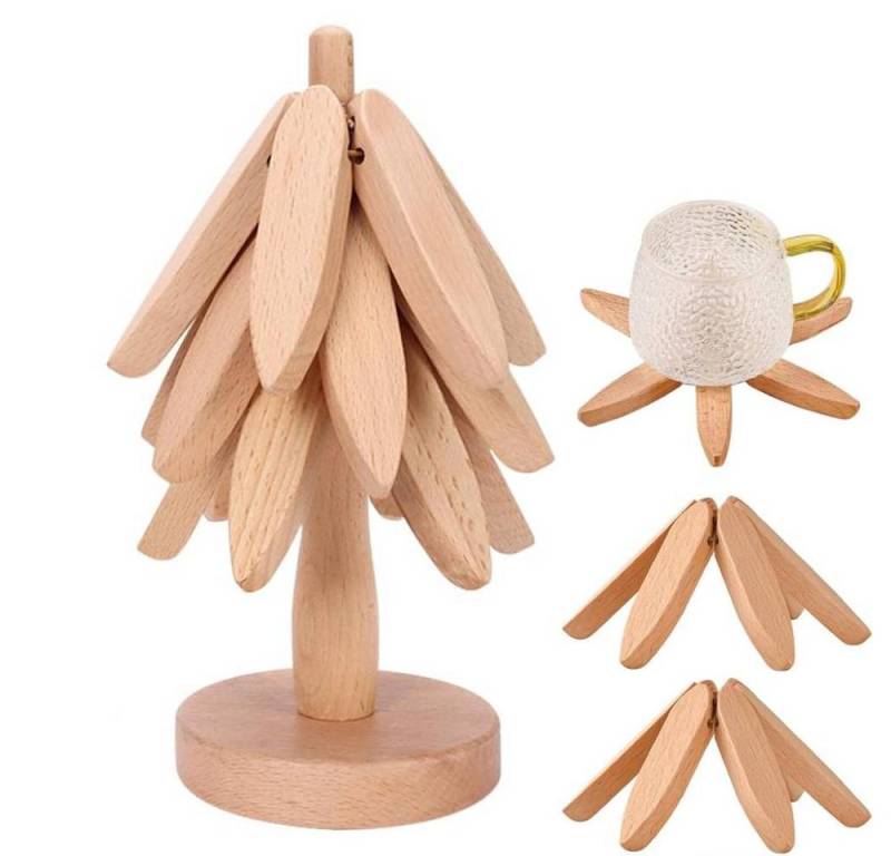 BlingBin Tassenuntersetzer Untersetzer Holz Set für Baumkunst, Bambus Topfuntersetzer Set, Zubehör für Tassen, Töpfe ,Pfannen, Größe: 22,5 × 10 cm, Buchenholz, 3 Faltbare Holzuntersetzer + 1 Ständer, 1-tlg., Dekorative Dämmmatte Matten mit Ständer für Heiße Teller Töpfe von BlingBin