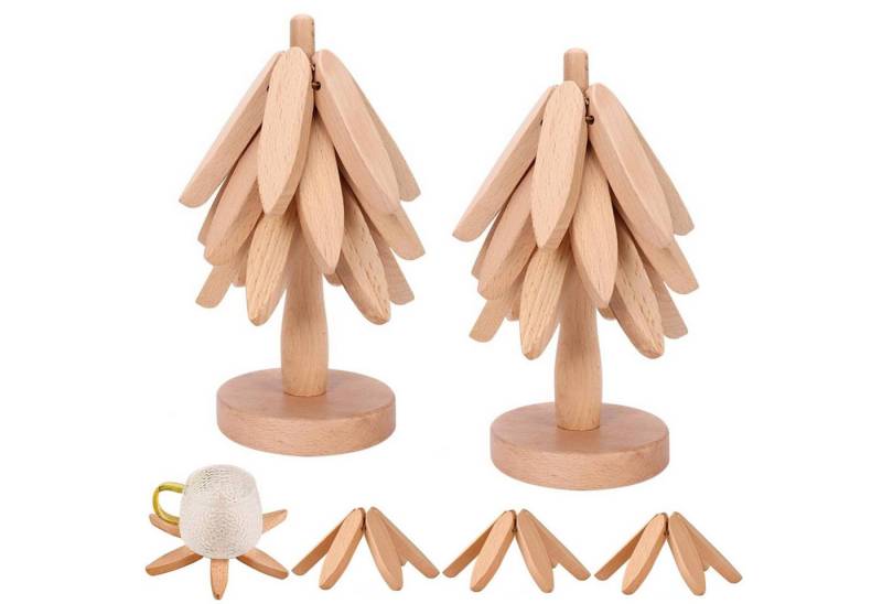 BlingBin Tassenuntersetzer Untersetzer Holz Set für Baumkunst, Bambus Topfuntersetzer Set, Zubehör für Tassen, Töpfe ,Pfannen, Größe: 22,5 × 10 cm, Buchenholz, 6 Faltbare Holzuntersetzer + 2 Ständer, 2-tlg., Dekorative Dämmmatte Matten mit Ständer für Heiße Teller Töpfe von BlingBin