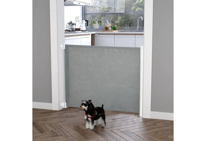 BlingBin Treppenschutzgitter 115 cm Hunde Türschutzgitter Treppenschutz Sicherheitstrennwand (1er Set, 1 St., 115cm x 5,5cm x 82,5cm), Trennwand Türschutz ausziehbar treppenschutzrollo Rollo Einrollbar von BlingBin